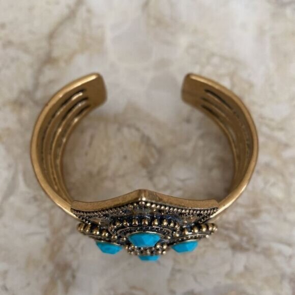 Lucky Brand Gold Tone Faux Turquoise Boho Cuff Style Bracelet - Picture 4 of 9